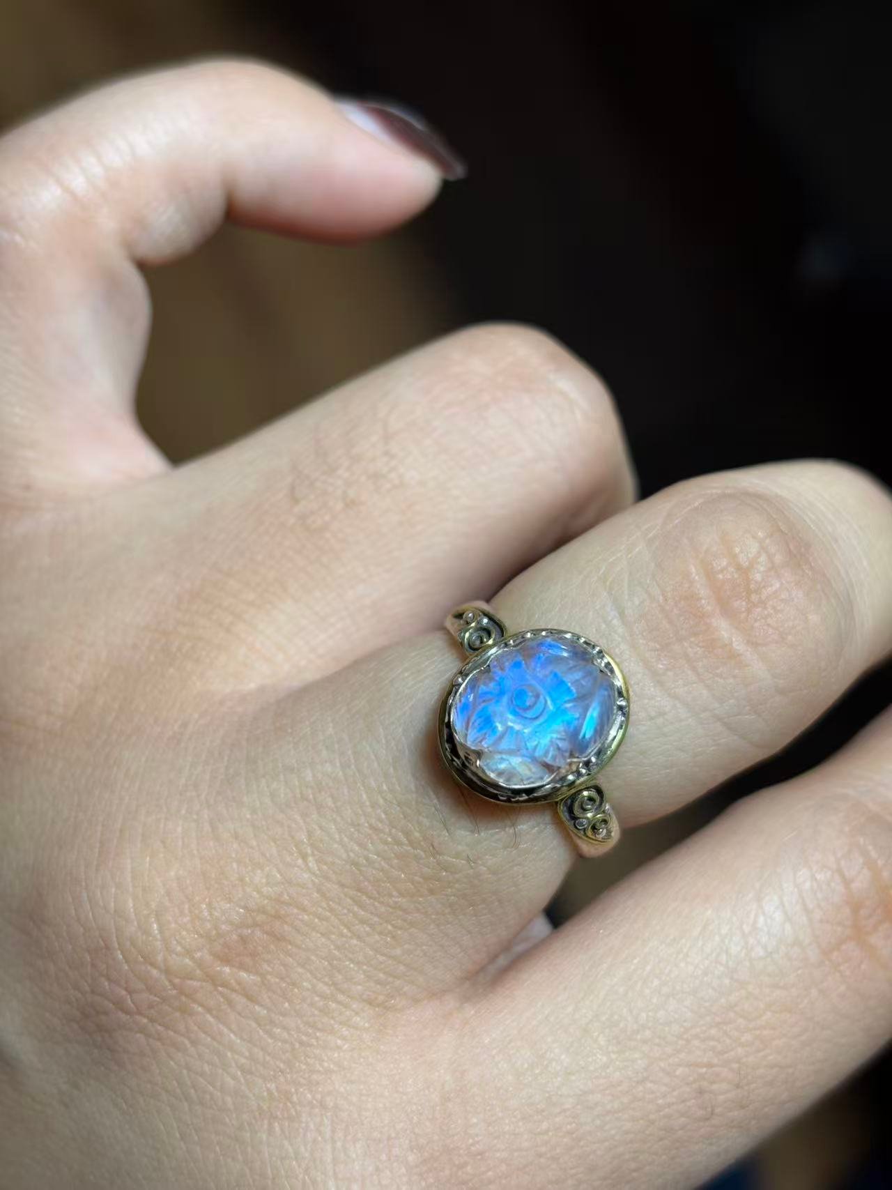 Second image of Moonstone Ring Handcrafted in 925 Sterling Silver with Engraved Floral Design