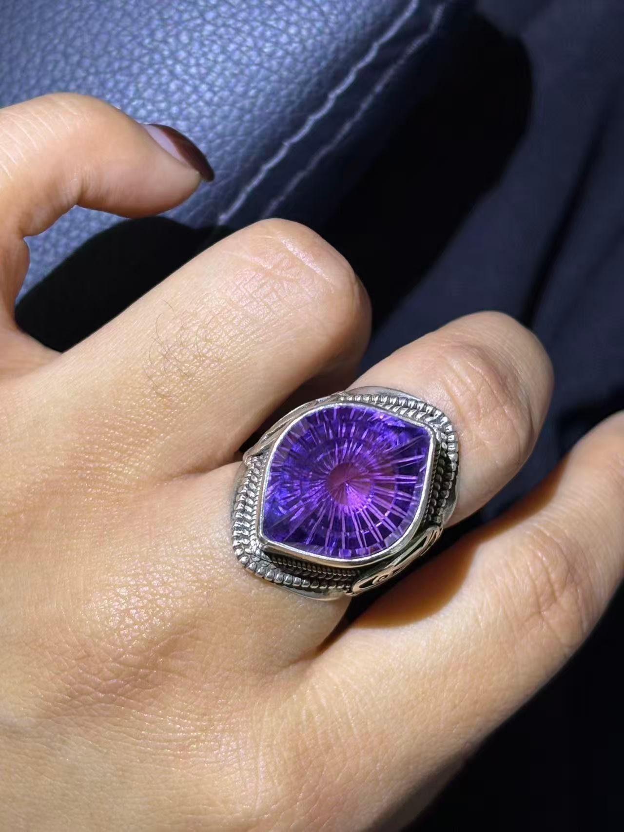 Handcrafted Natural Amethyst Ring in Nepal with 925 Sterling Silver