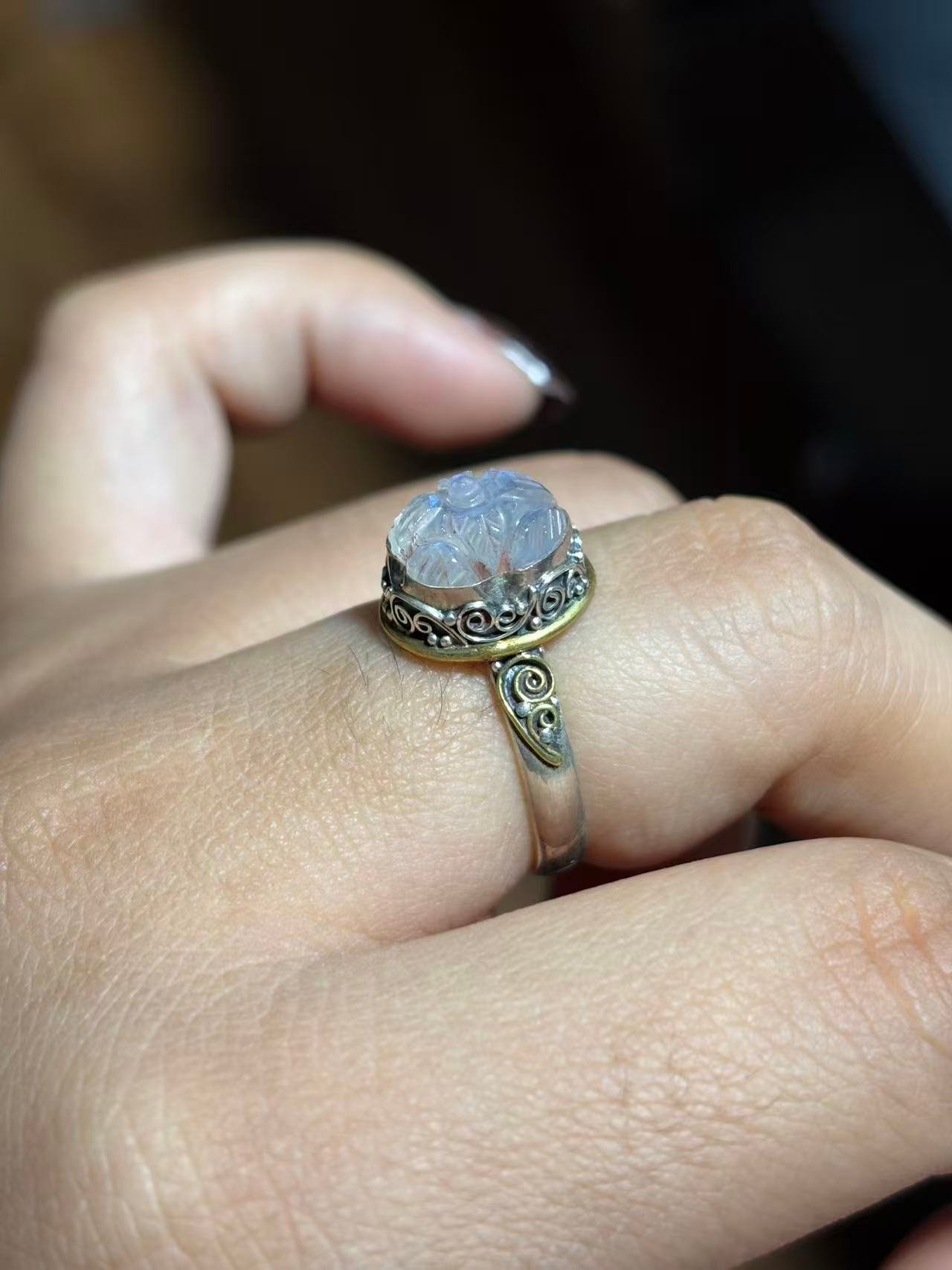 Moonstone Ring Handcrafted in 925 Sterling Silver with Engraved Floral Design