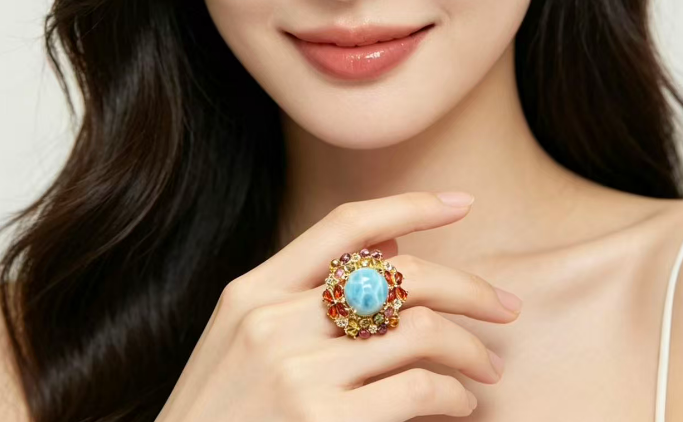 Premium Larimar Ring 925 Sterling Silver